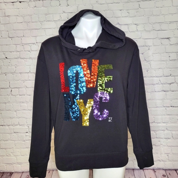 NY & Co Love NYC Sequined Hoodie Black Size M SOHO Street - Picture 1 of 7